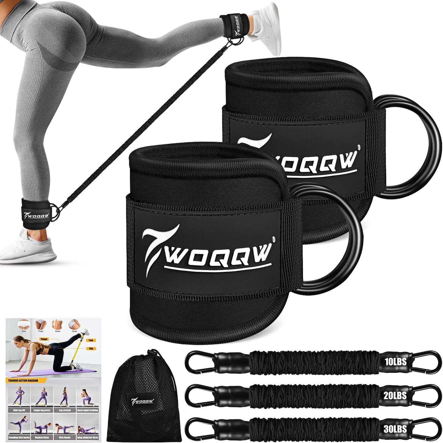 WOQQW Ankle Resistance Bands with Cuffs, Ankle Weights for Women, Ankle Straps for Cable Machines, Legs And Glutes Workout Equipment, Home Gym Exercise Equipment for Booty Training, Kickback, Pilates