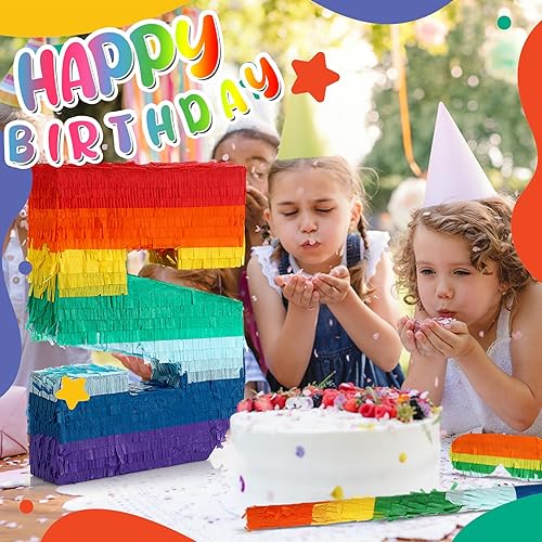 Miniatura 10 de Lenwen Juego de 120 piezas de piñata arcoíris, piñata multicolor para fiesta de cumpleaños con palo y confeti de carnaval para niñas y niños, 4