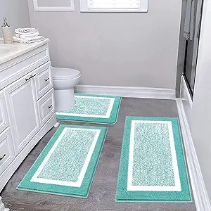 Pauwer 3-Piece Bathroom Shower Rug Set with U-Shaped Contour Toilet Mat, Absorbent Microfiber Plush Bath Mats, Non-Slip, Machine Washable Shaggy Bathroom Floor Mats, Teal