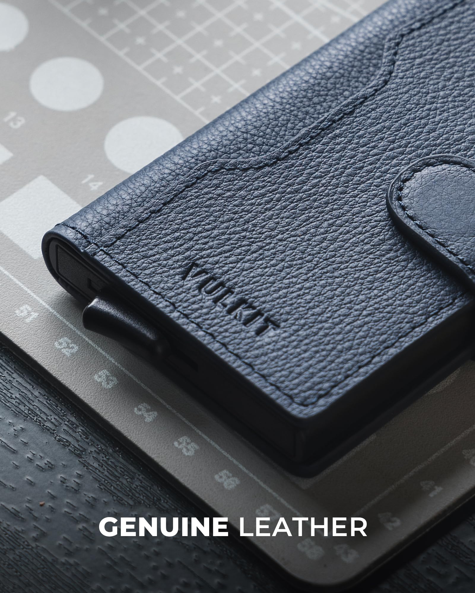 VULKIT Tarjetero Hombre Piel Genuino RFID Bloqueo con Cierre Magnético Carteras para Hombre Metalico Porta Tarjetas con 3 Ranuras y 1 Ventana DNI, Litchi Azul Marino