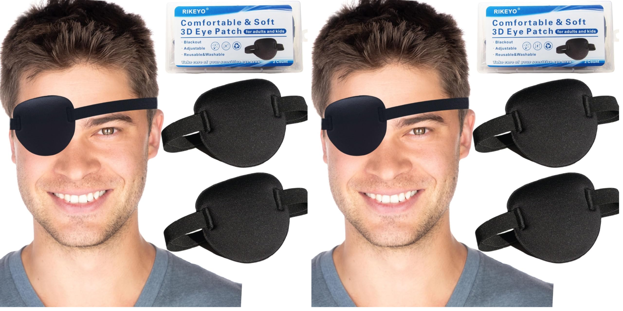 2 Pcs Eye Patches for Adults and Kids,3D Adjustable Eyepatch for Right or Left Eye,One Eye Cover for Lazy Eye,Pirate Costume(Black) (Pack of 2)