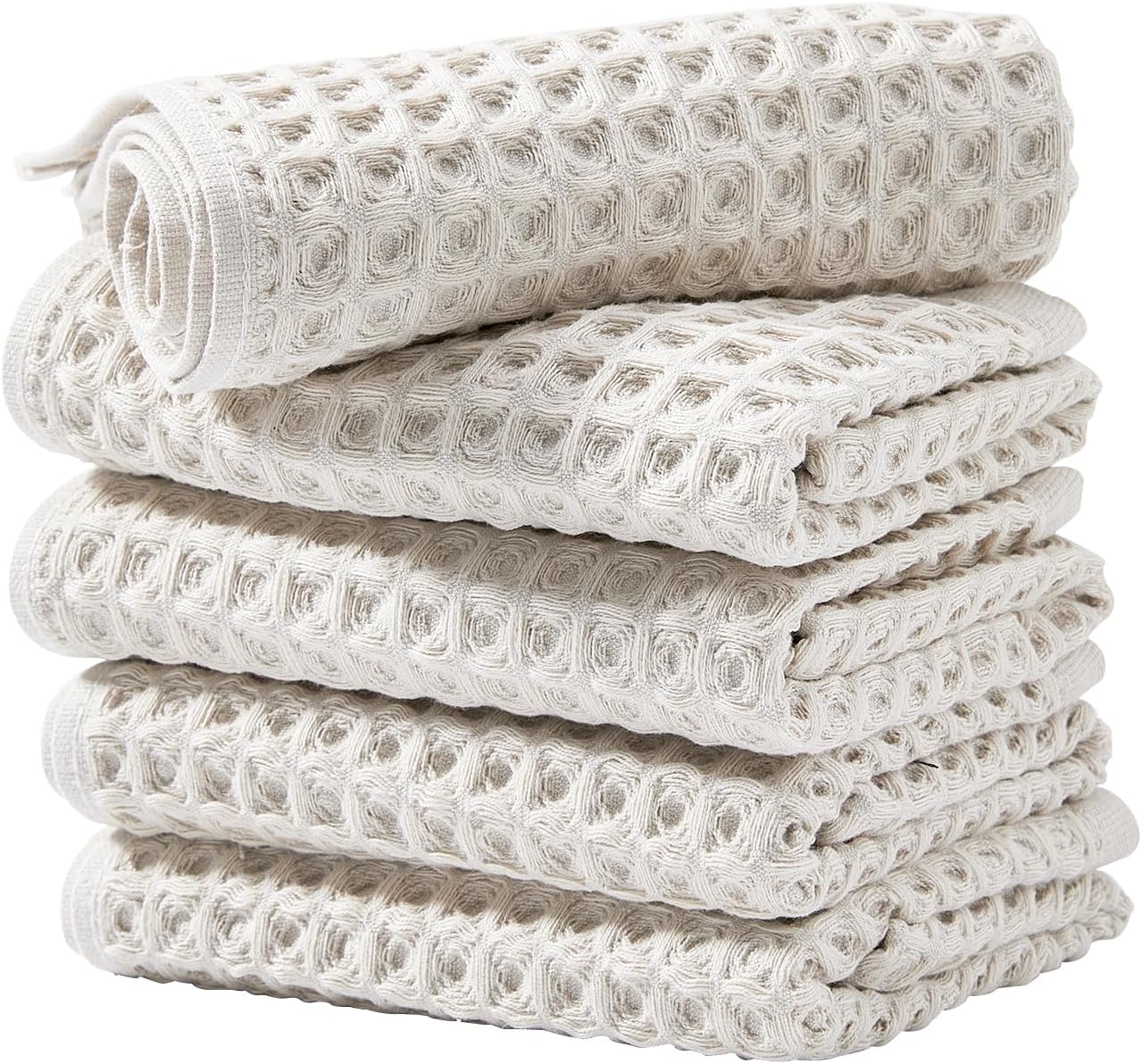 HEAVYWOOD Waffle Hand Towels 5pc 100% Cotton Reversible, Soft & Absorbent Decorative Hand Towel for Bathroom Clearance (White Gray, 5Packs)