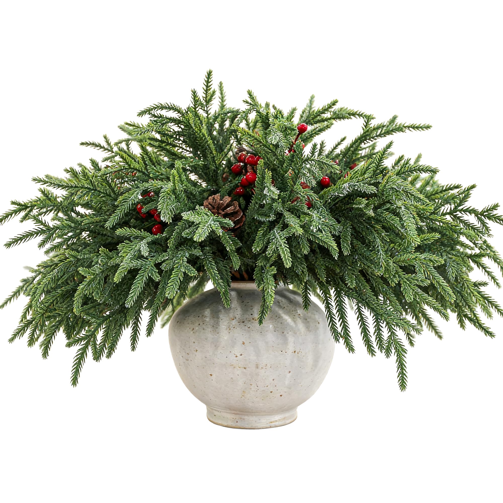 Lot de 24 branches de pin Norfolk au toucher réaliste avec pommes de pin et baies rouges pour décorations de Noël - 45,7 cm