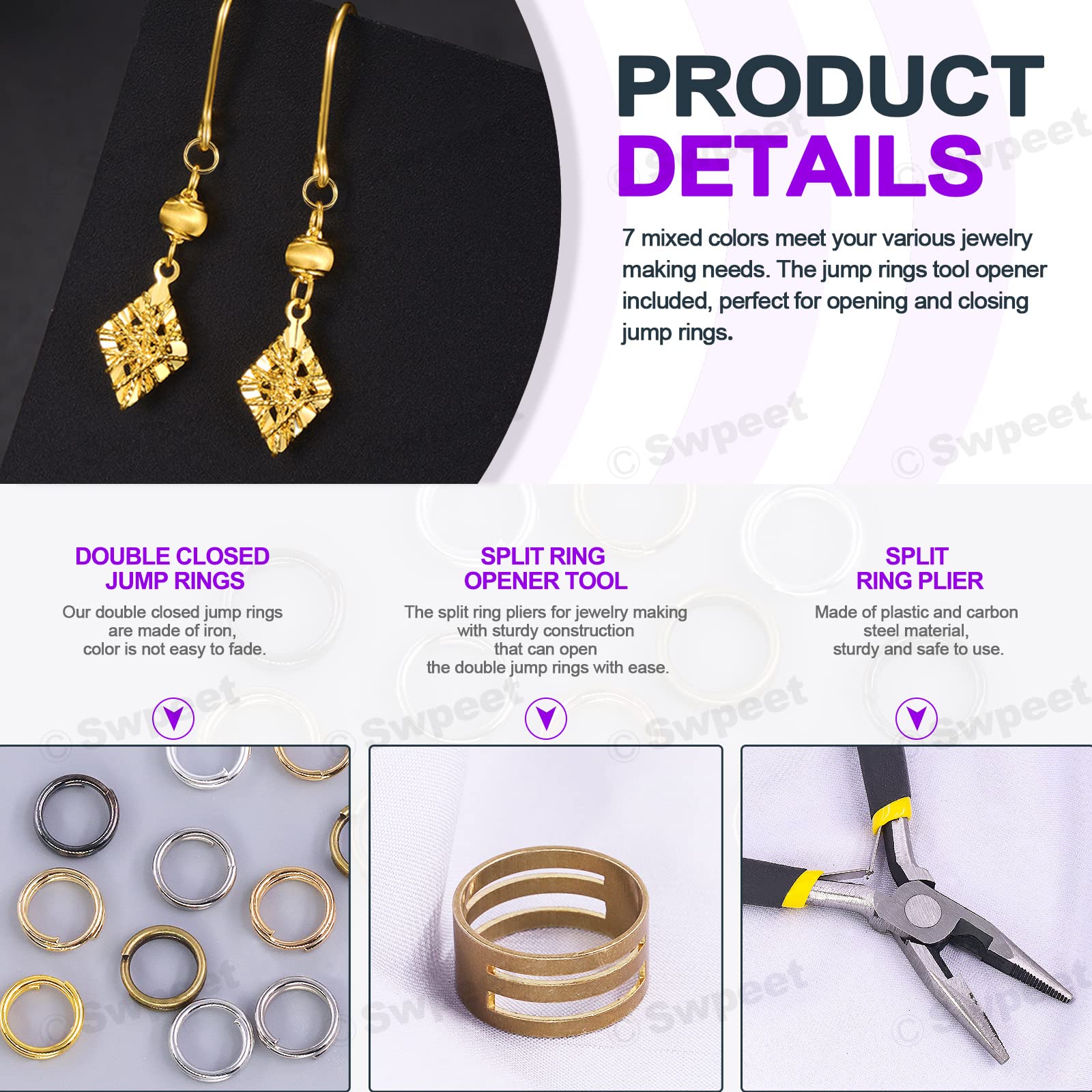 Swpeet Lot De 3 502 Anneaux De Jonction Et Ouvre-boucles Doubles Fermés De 6 Mm Avec Pince à Anneaux Fendus - Kit D'assortiment De Boucles De Saut Pour Colliers Et Bracelets