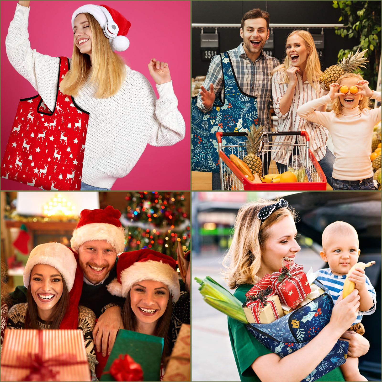 20 Pcs Christmas Gifts Christmas Reusable Grocery Bags Bulk Storage Pouch Shopping Bags Foldable Machine Washable Tote Zipper Pouch for Home