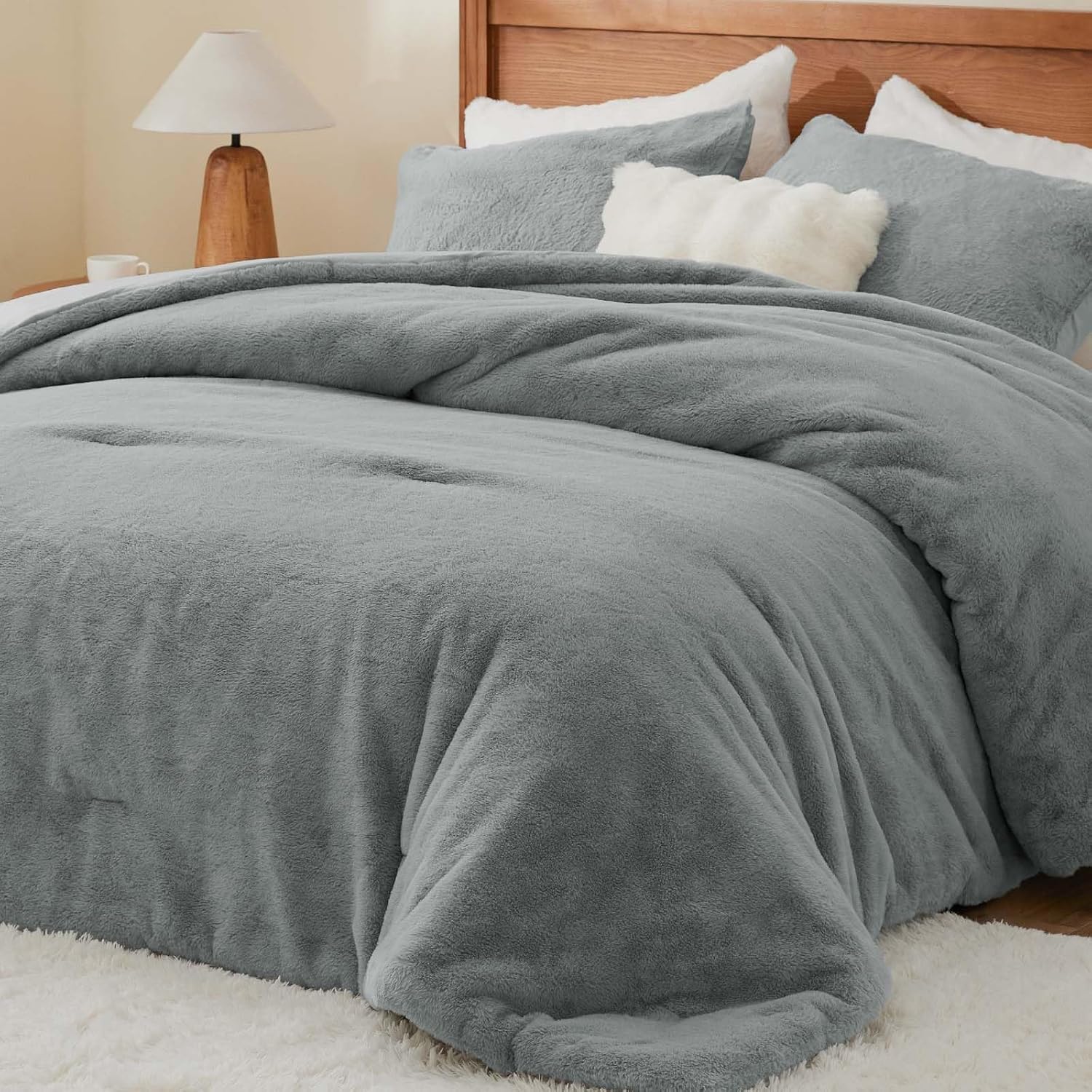 BEDELITE Faux Fur Fleece Queen Comforter Set - Fluffy & Warm Grey Comforter Queen Size?Ultra Soft and Cozy Winter Bedding Set,Fuzzy Thick Bed Set,1 Comforter and 2 Pillowcases Grey Queen