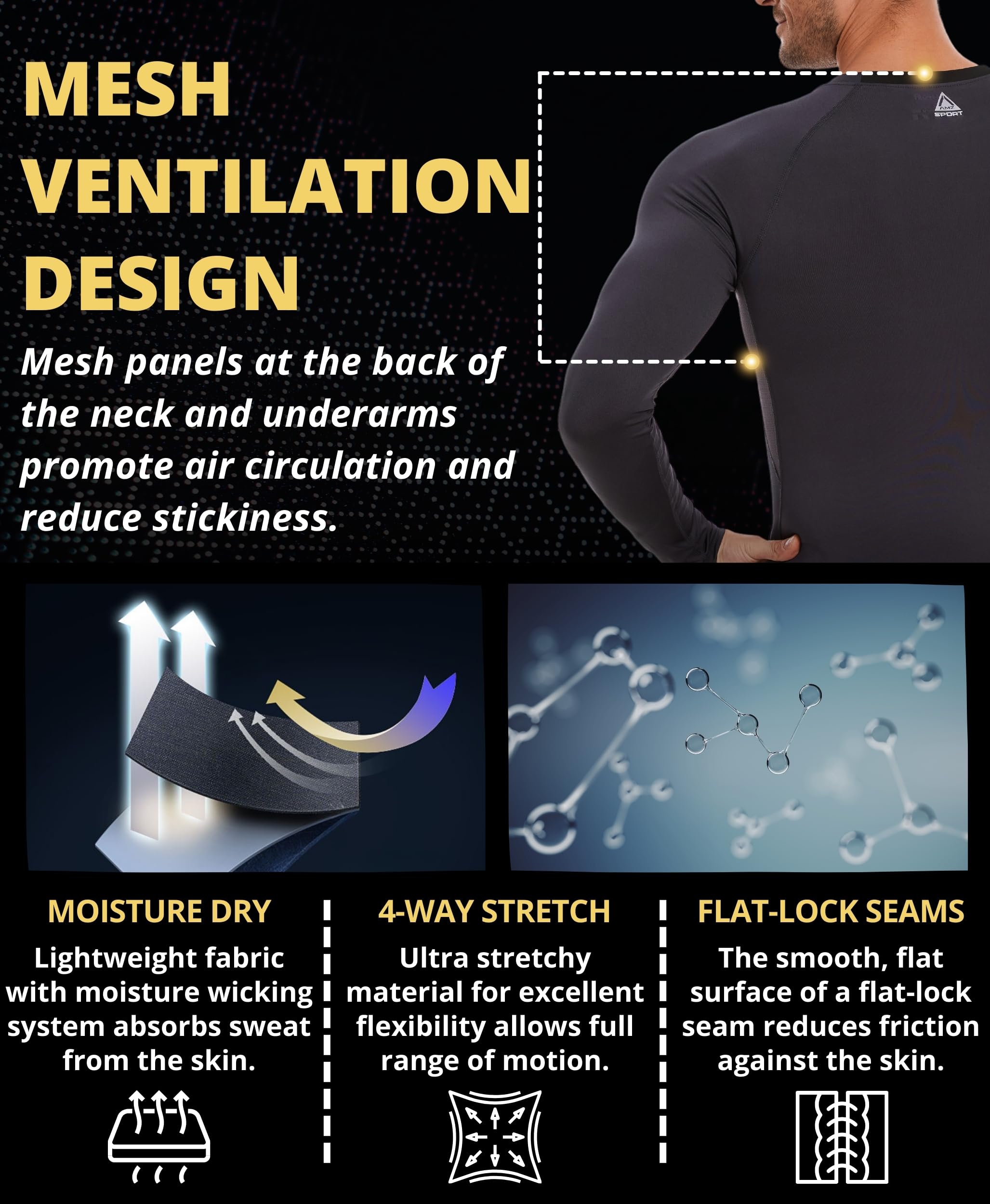 AMZSPORT Maglia Compressione Uomo Confezione da 3 Maglia Termica Manica Lunga Maglietta Palestra Compression Shirt Ciclismo Running Sportiva