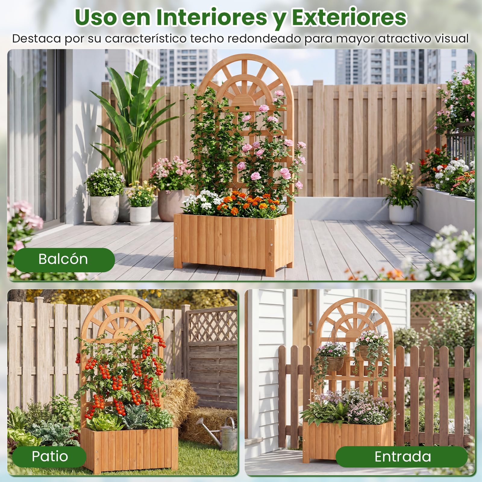 COSTWAY Jardinera con Enrejado de Madera, Jardinera con Celosía y Agujeros de Drenaje, Macetero Elevado para Plantas Trepadoras, Flores, Verduras, Patio, Jardín, Terreza (Marrón,61x30x121 cm)