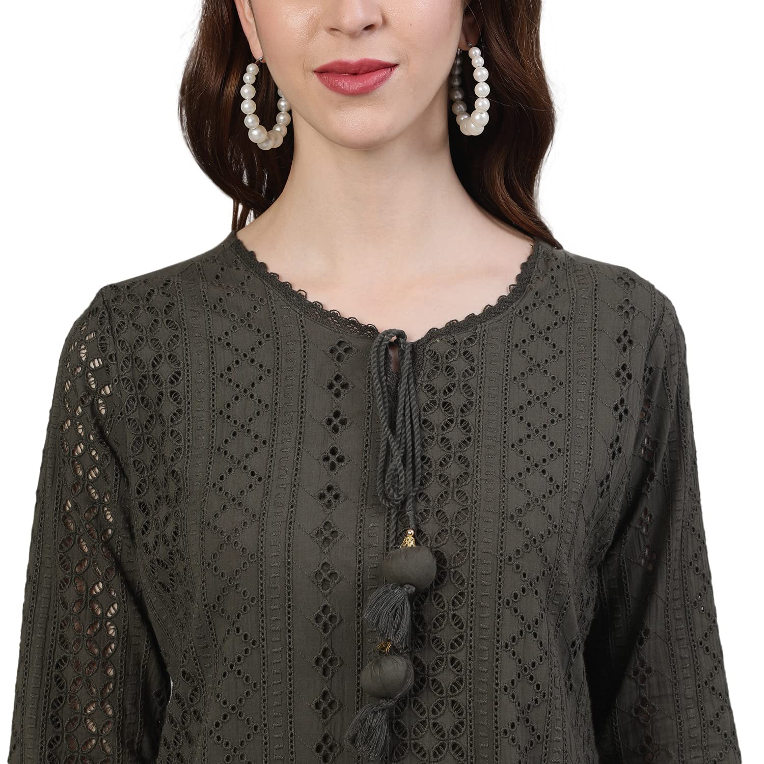 Ishin Women's Pure Cotton Embroidered A-Line Kurta Suit Set With Dupatta & Pants Kpldflowmp-10094_L_Olive