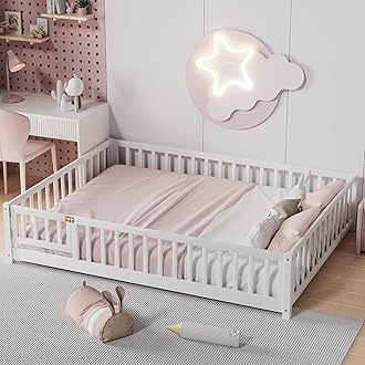 i-POOK Queen Floor Bed for Children, Sturdy Wood Montessori Bed Frame with Wood Slats, Fence & Door, Montessori Floor Bed for Girls and Boys, White