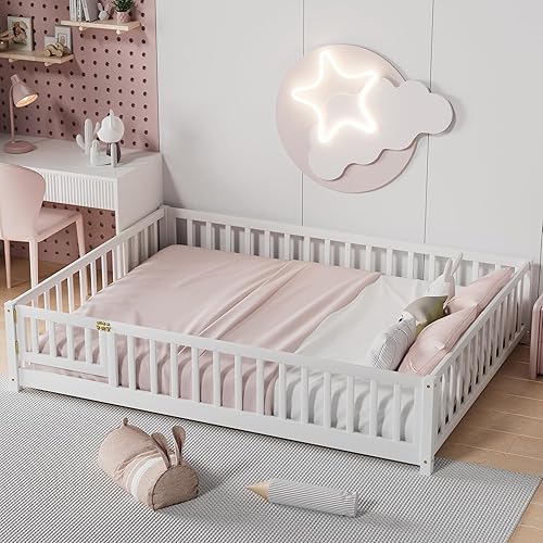 Miniatura 62 de Marco de cama Montessori de madera de tamaño individual con listones de madera, valla y puerta para niños, niñas y niños, espresso (con listones de