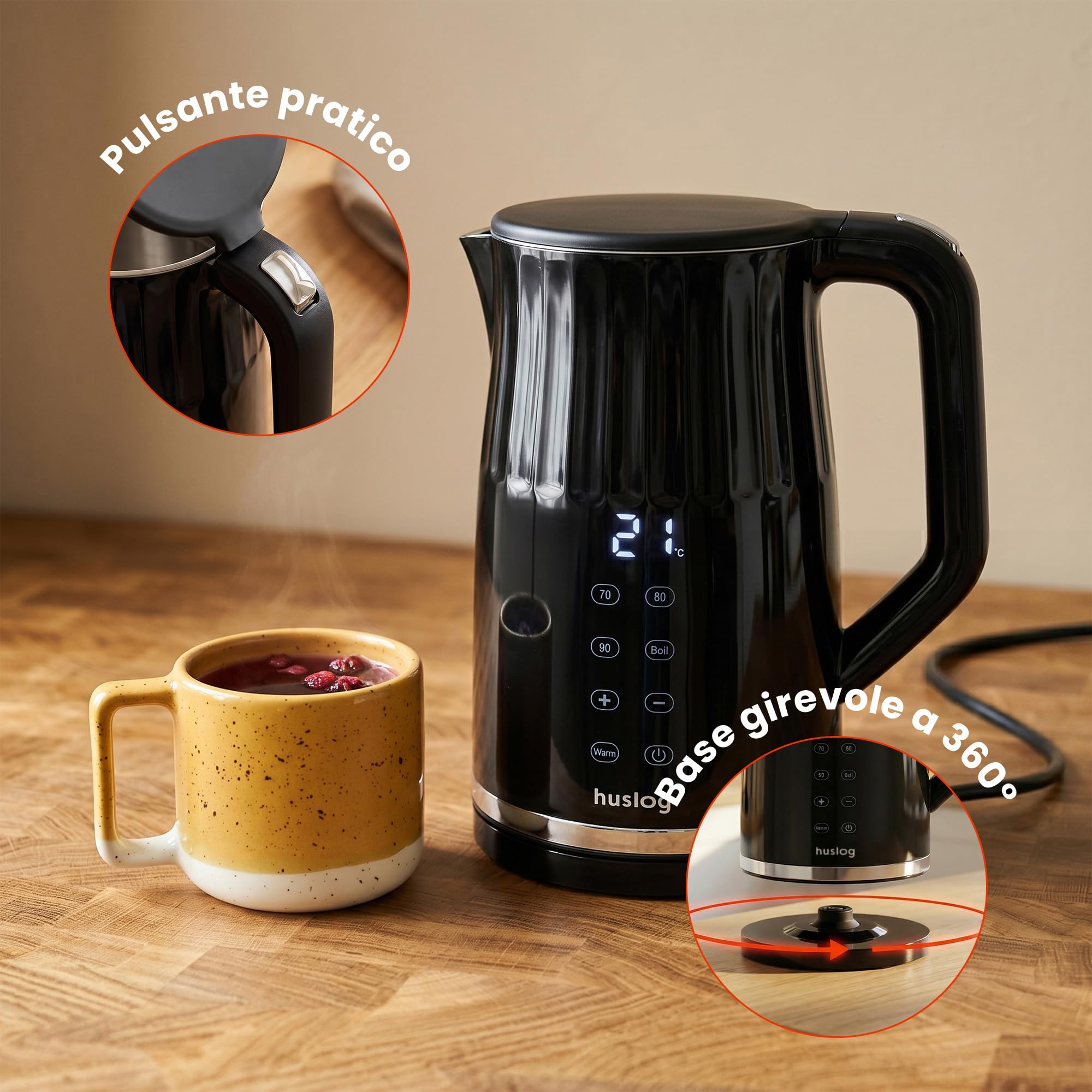 Bollitore elettrico da 1,7 l, 2200 W, con controllo della temperatura e pannello touch, design retrò, display LED, 4 programmi, 13 livelli, Keep Warm 2h, Cool Touch, acciaio inox 304, senza BPA