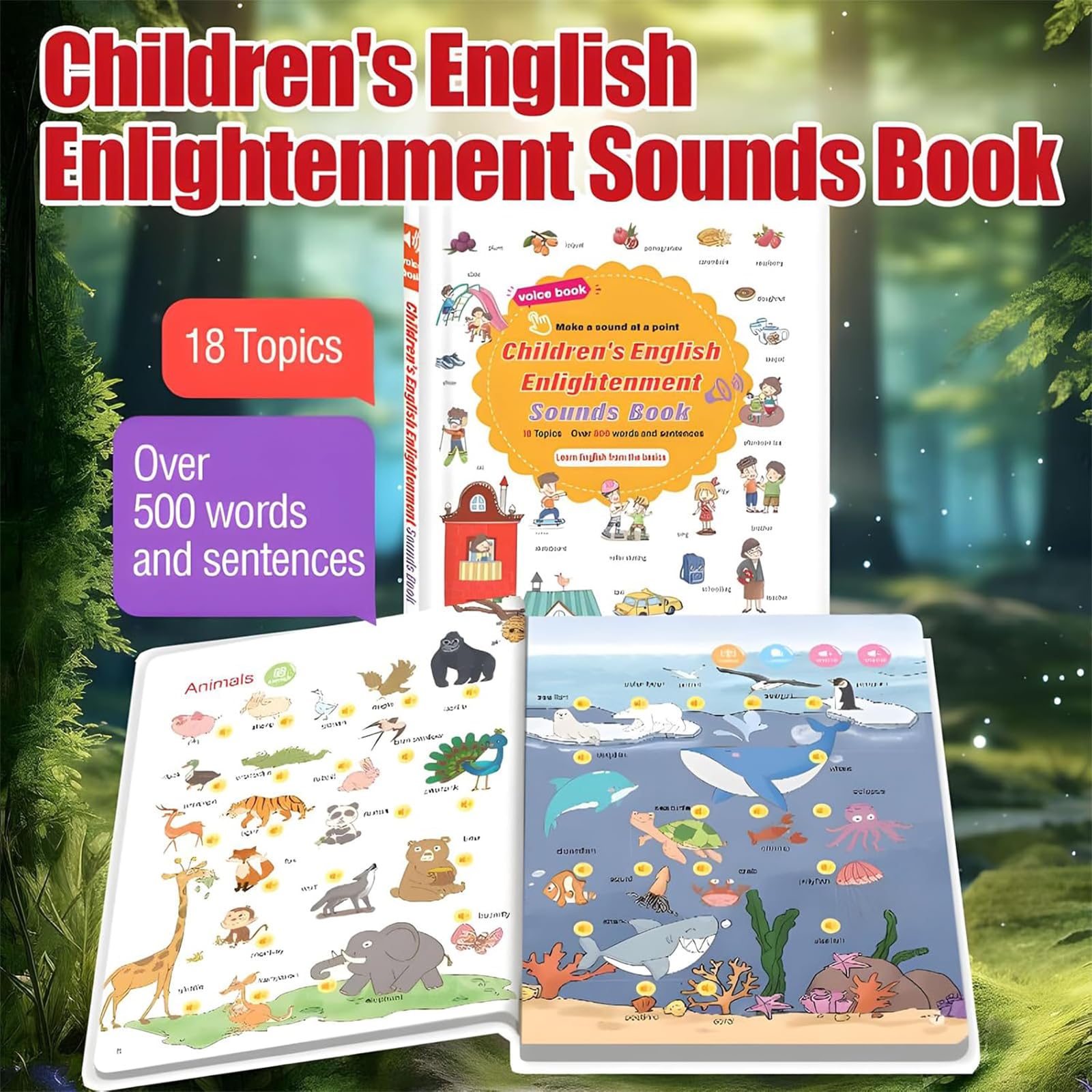 Libro di Apprendimento Audio di 500 Parole in Inglese, Libro Sonoro Interattivo per Bambini con 18 Temi Quotidiani, Giocattolo Educativo Divertente per Bimbi dai 2 ai 6 Anni