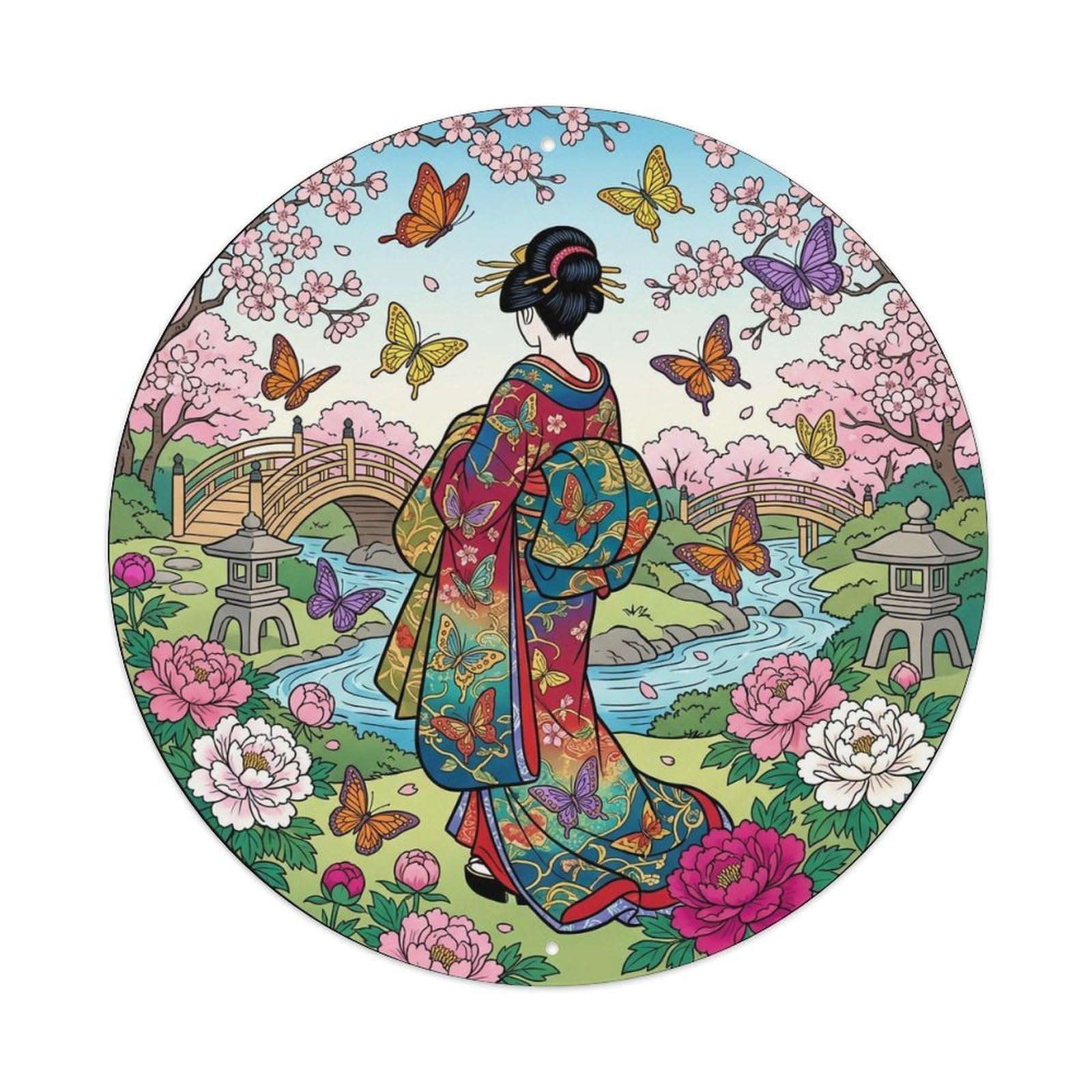 Japanese Butterfly Garden Geisha Floral Scene Metal Tin Sign