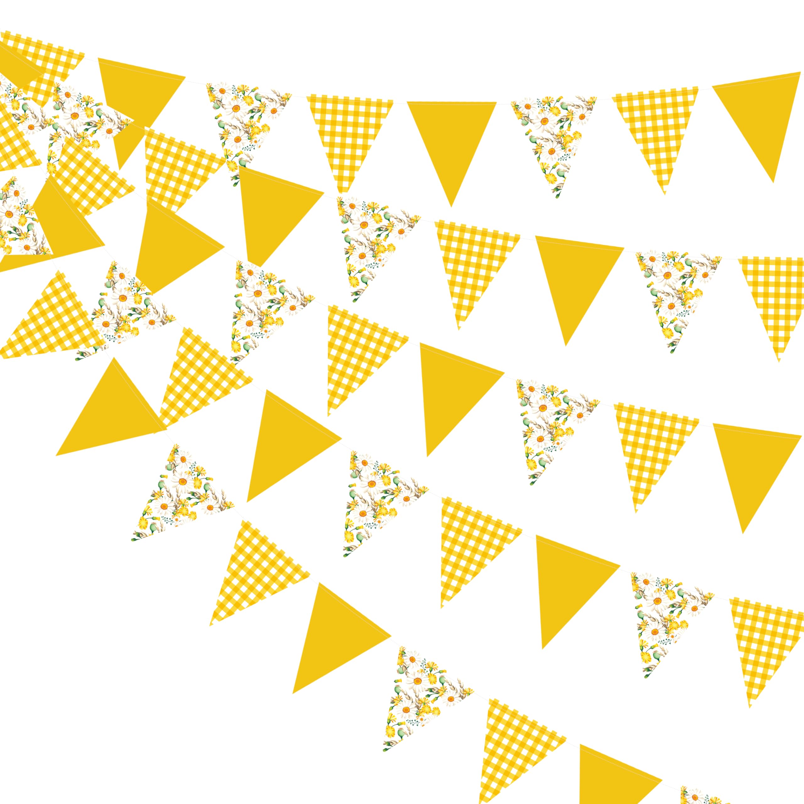 44Ft Daisy Party Decoration Yellow Buffalo Plaid Floral Daisy Banner Bunting Hanging Paper Triangle Garland for Spring Birthday Wedding Bridal Shower