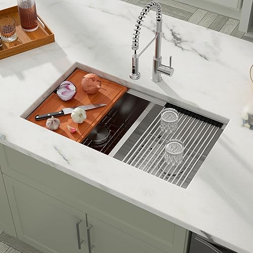 Miniatura 3 de Dcolora Fregadero de cocina de acero inoxidable de 33 pulgadas, con doble tazón, estación de trabajo, 50/50, dividida baja, calibre 16, bajo