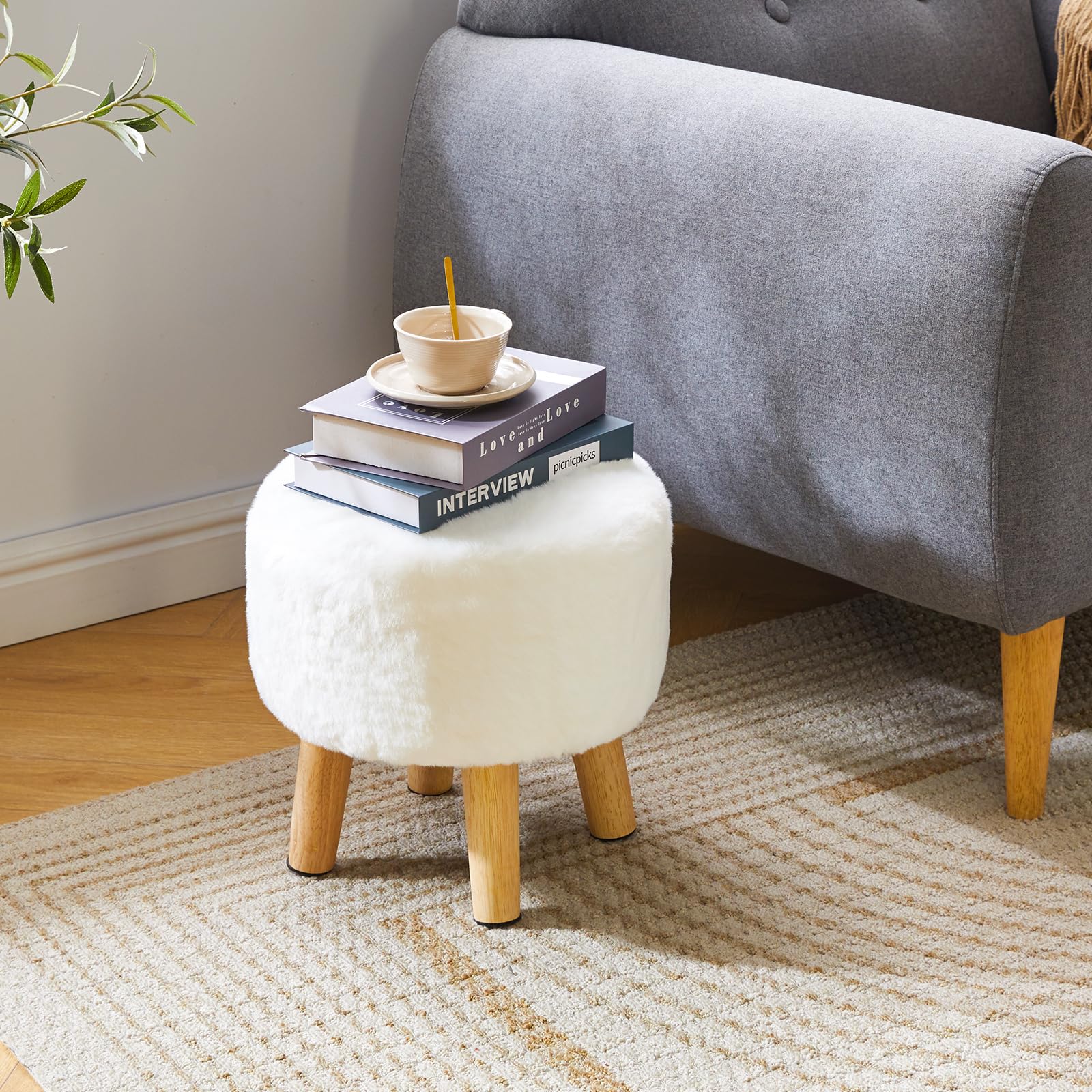 YMYNY Tabouret Pouf Ottoman Moderne en Bois Massif, Rond et Bas, Repose-Pieds pour Salon et Chambre, 32×32×32CM, Blanc HBD035W