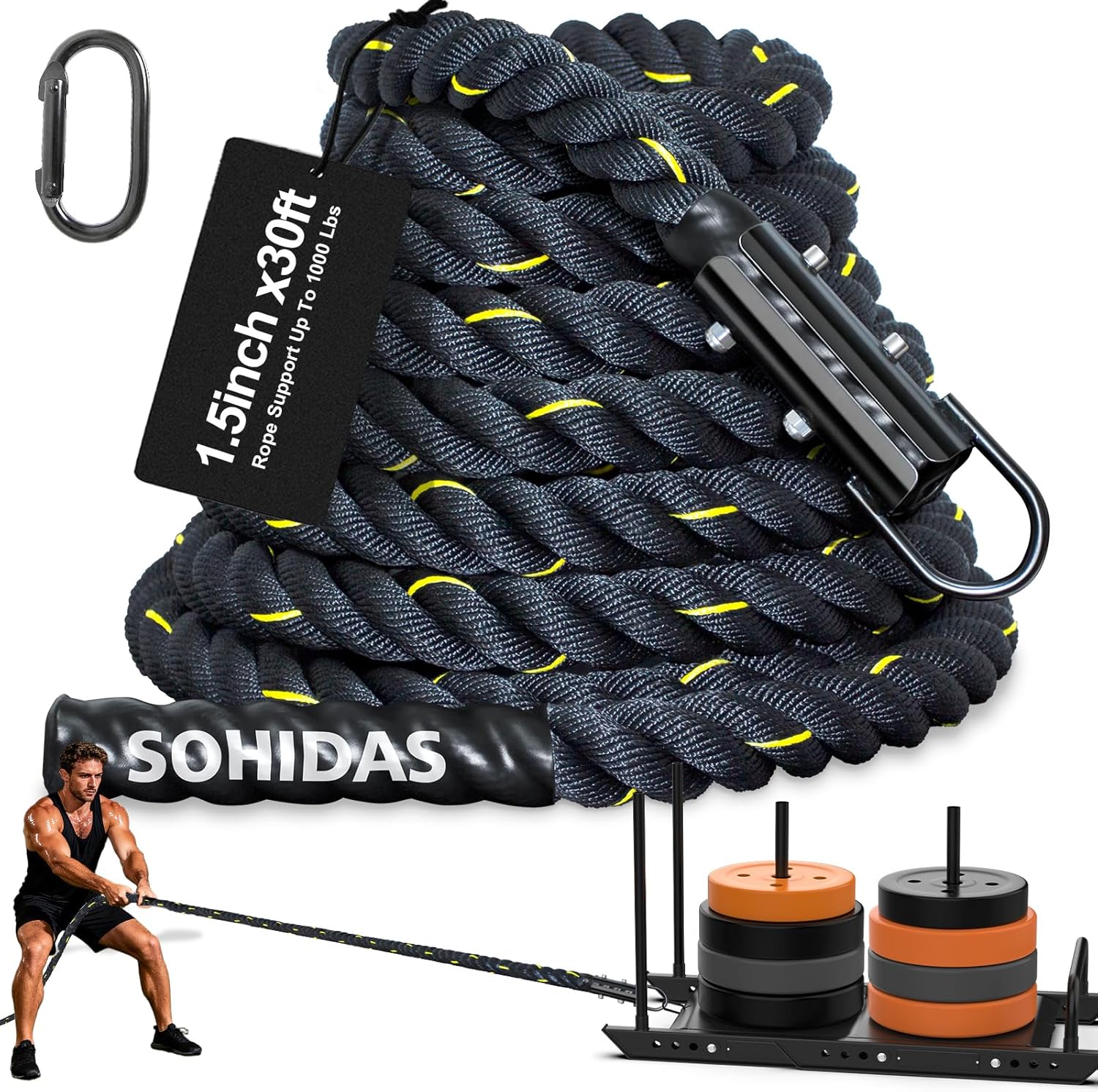 SOHIDAS Weight Sled Pulling Rope - 1.5" Thick, 1000LB Capacity, 15-40FT for Explosive Power Training & Football Workouts
