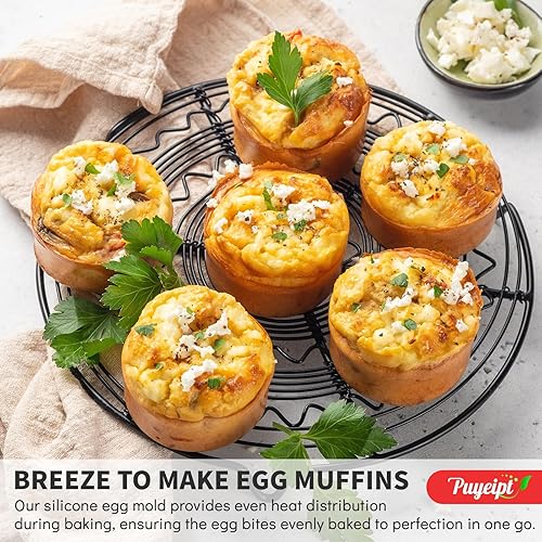 Miniatura 6 de Paquete de 2 moldes de silicona para mordeduras de huevo, sartenes redondas antiadherentes de silicona para frittata, sándwiches de desayuno,