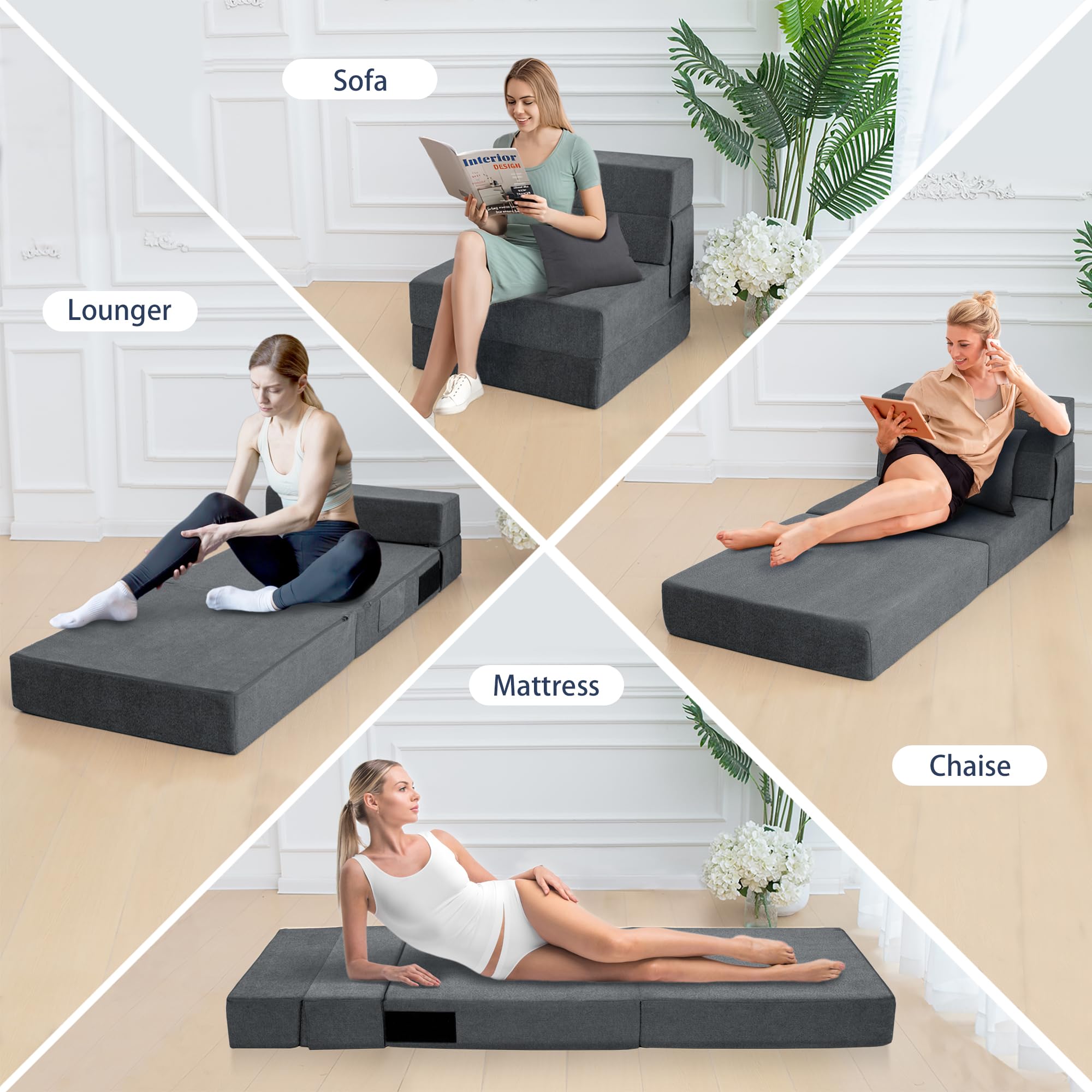 Sofá cama plegable con almohada, silla plegable convertible para cama, colchón de espuma para el suelo, sofá cama plegable para sala de estar, dormitorio, invitados, oficina (gris, 5