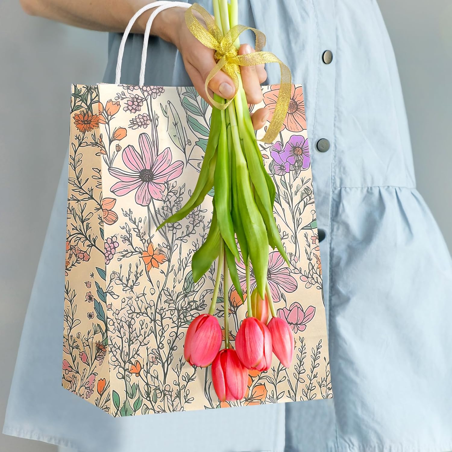24Pcs Wildflower Paper Gift Bags and 24 Sheets Tissue Paper, Watercolor Flower Garden Party Favor Bags with Handle Candy Goodie Bags for Valentine Birthday Wedding Baby Shower Party Supplies, B - Image 5