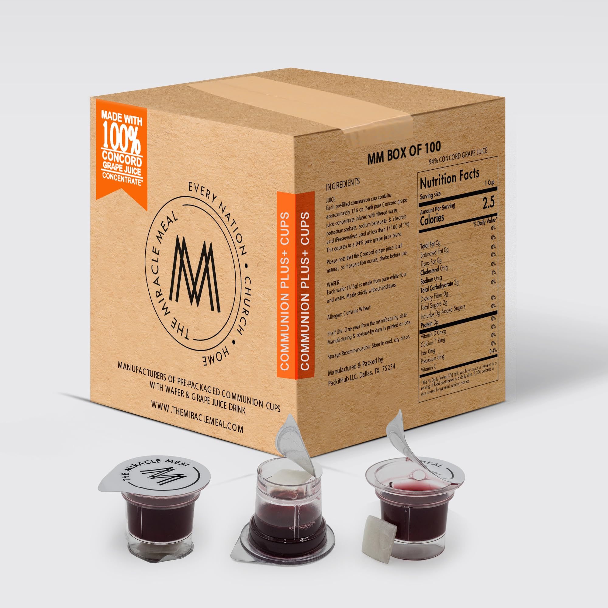 The Miracle Meal Communion Plus + Cups will simplify your communion experience: 100% Concord Grape Juice & Wafer - Box of 100 - Premium Quality - Made in the USA