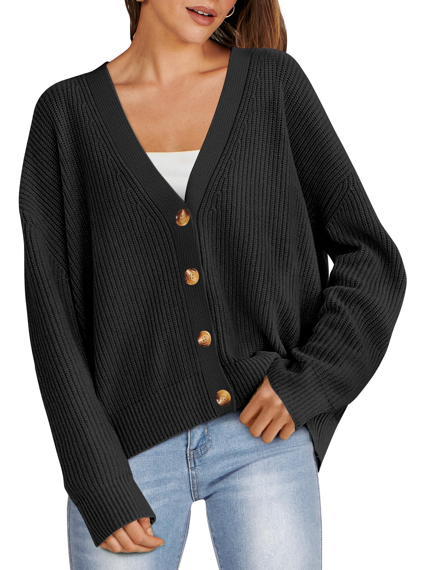 ANRABESS Women Cardigan Sweaters 2024 Fall Oversized Button Open Front Knit Lightweight Cardigans Fall Outfits Outerwear