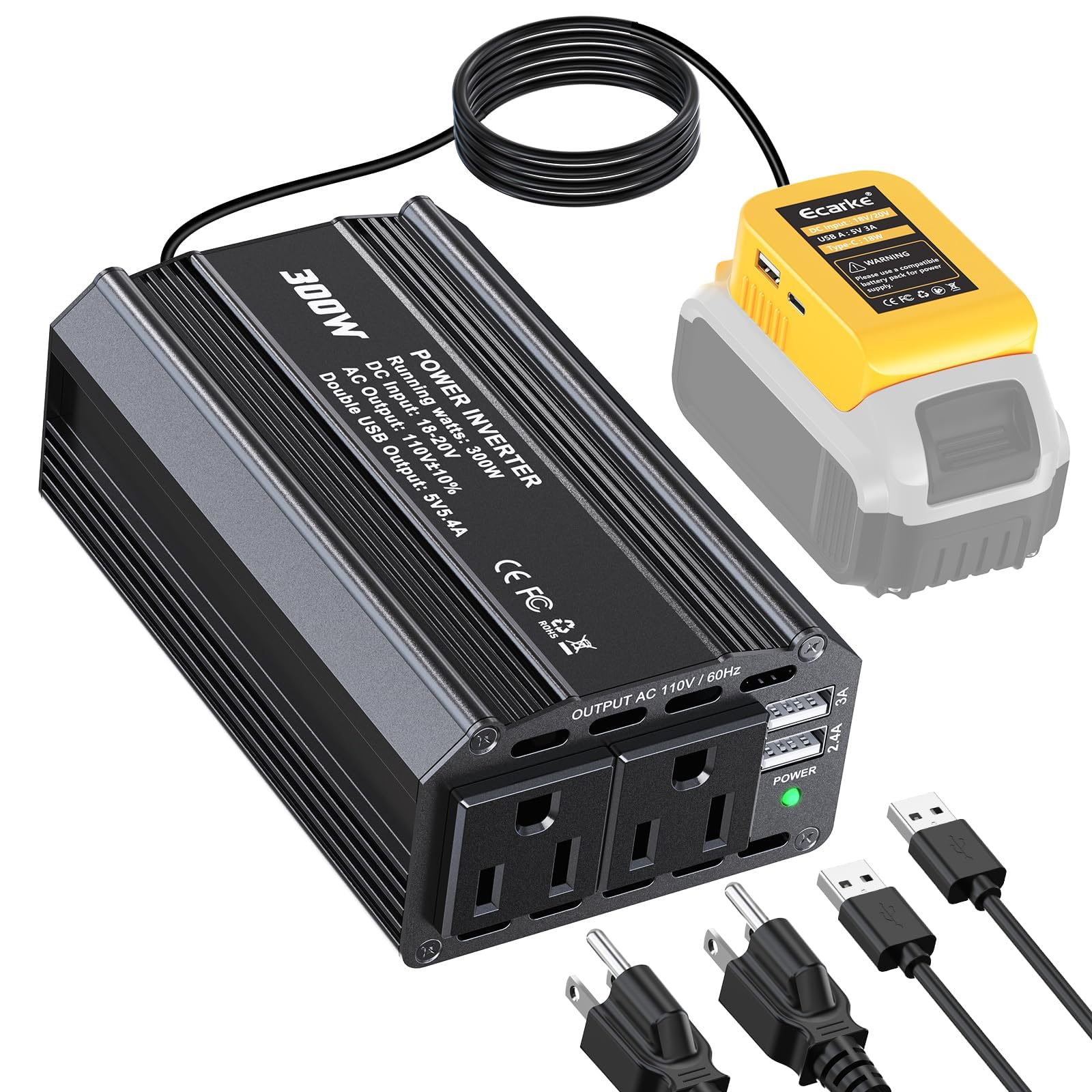 Ecarke 300W Portable Power Inverter Compatible with DeWALT 20V Battery, DC 20V to AC 110V Power Station with 2 AC Outlets, 3 USB Ports &amp; 1 Type-C 18W, for Camping RV Emergency Use (No Battery)