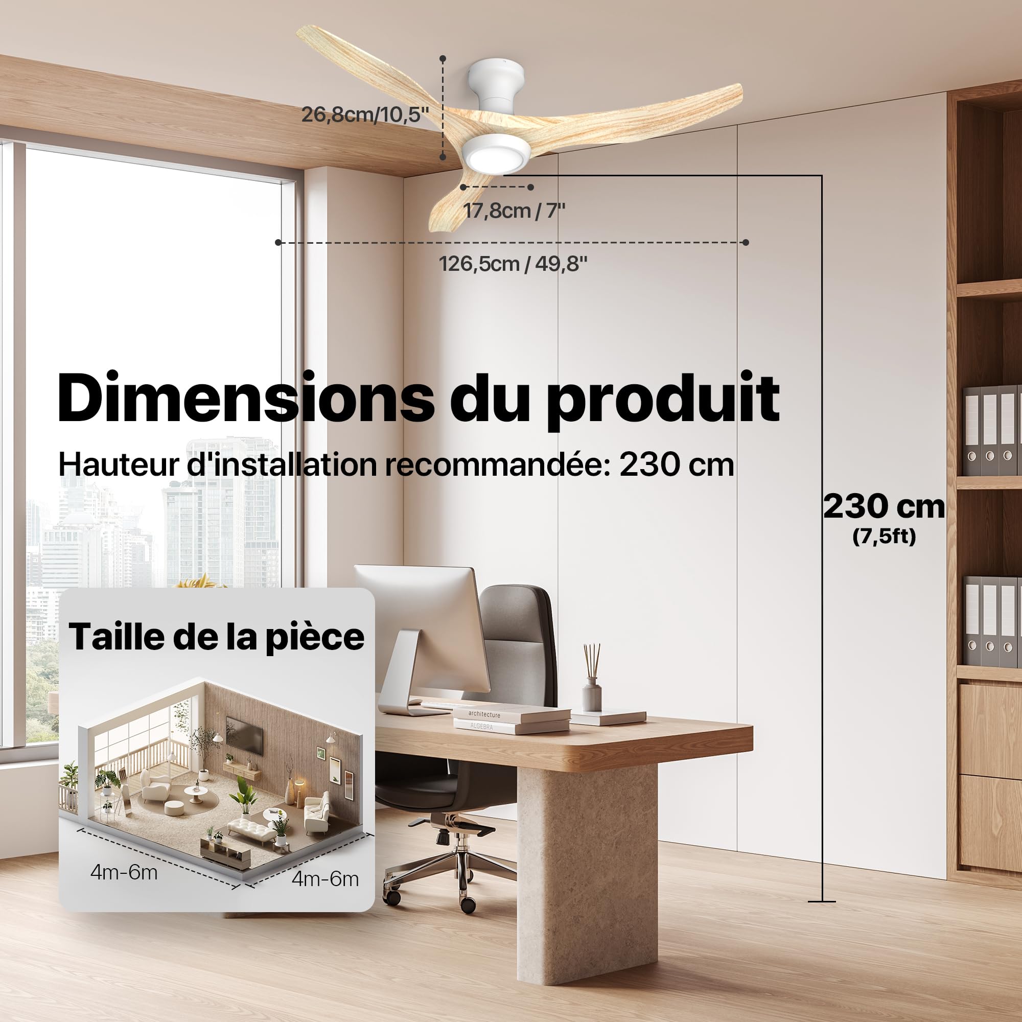 Ensenior Ventilateur de Plafond avec Lumière Silencieux 126cm Moteur DC 3 Couleurs LED Dimmable Mémoire 6 Vitesses Bois