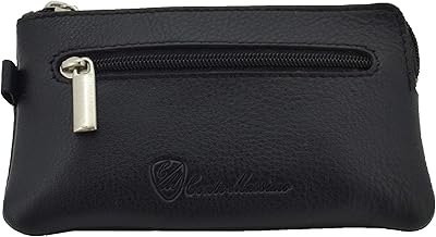 CONTE MASSIMO Keyring for Men and Women, Genuine Leather, 2 Pockets with Zipper and Hooks, with Gift Box, Black Rings, European