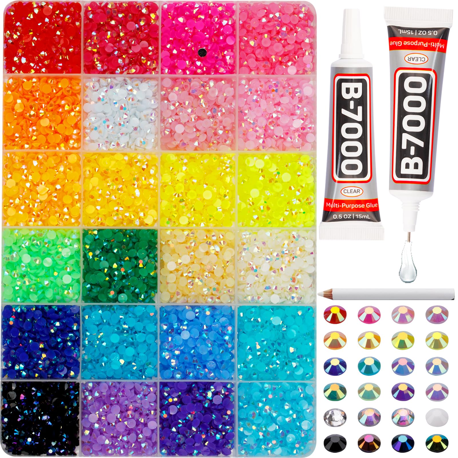8000Pcs 4mm Rhinestones for Bedazzling, Bedazzler Kit with Rhinestones and Tools, Flatback Resin Jelly AB Colorful Rainbow Crystals Gems Set with Glue
