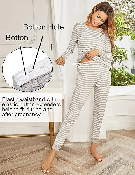 Ekouaer Nursing Pajama Set Long Sleeve Maternity Clothes Labor Pregnancy Pjs Breastfeeding Thermal Underwear Sleepwear