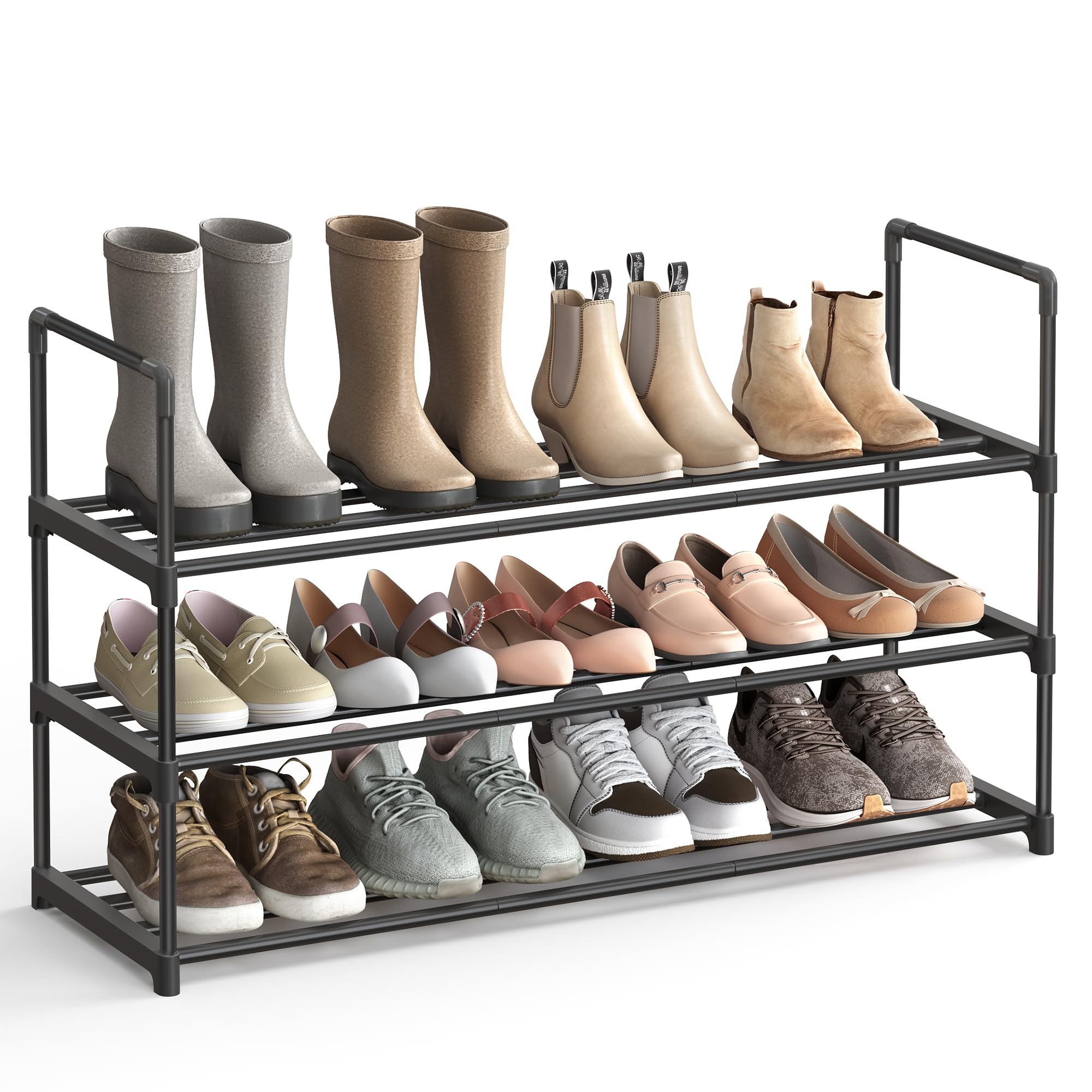 SONGMICS Scarpiera a 3 Ripiani, Scaffale Portascarpe in Metallo, per 16-20 Paia di Scarpe, Verticale o Capovolto, Impilabile, Ingresso, 30 x 92 x 55 cm, Nero LSA303B02