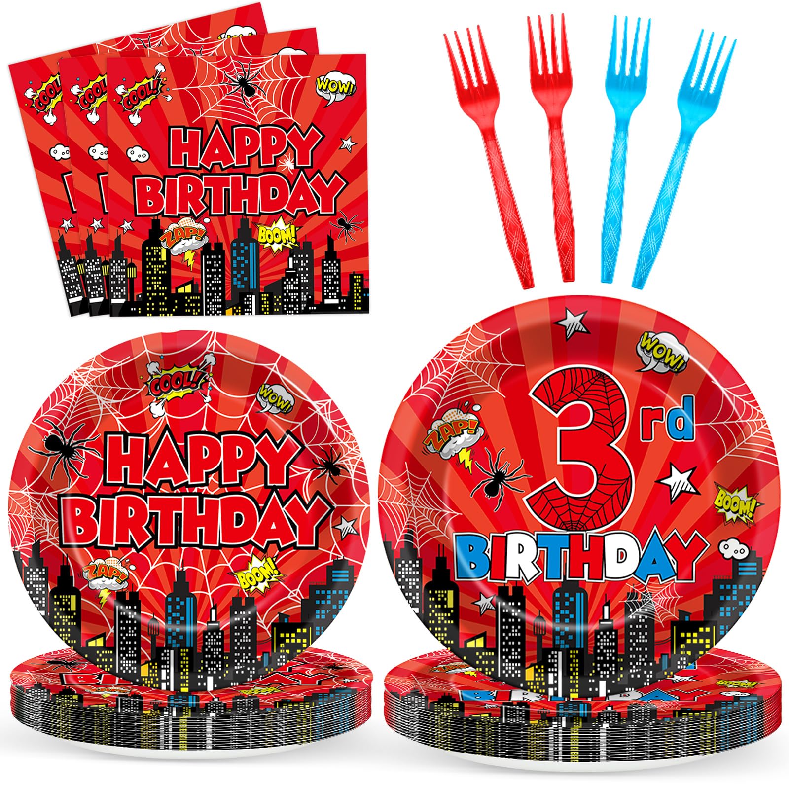 Photo 1 of 96Pcs Spider Theme Birthday Supplies Spider 3rd Party Plates Napkins Super Theme Hero Tableware Cartoon Hero Red and Blue Birthday Decoration for Kids 3 Year Old Cityscape Party Supplies Serve 24