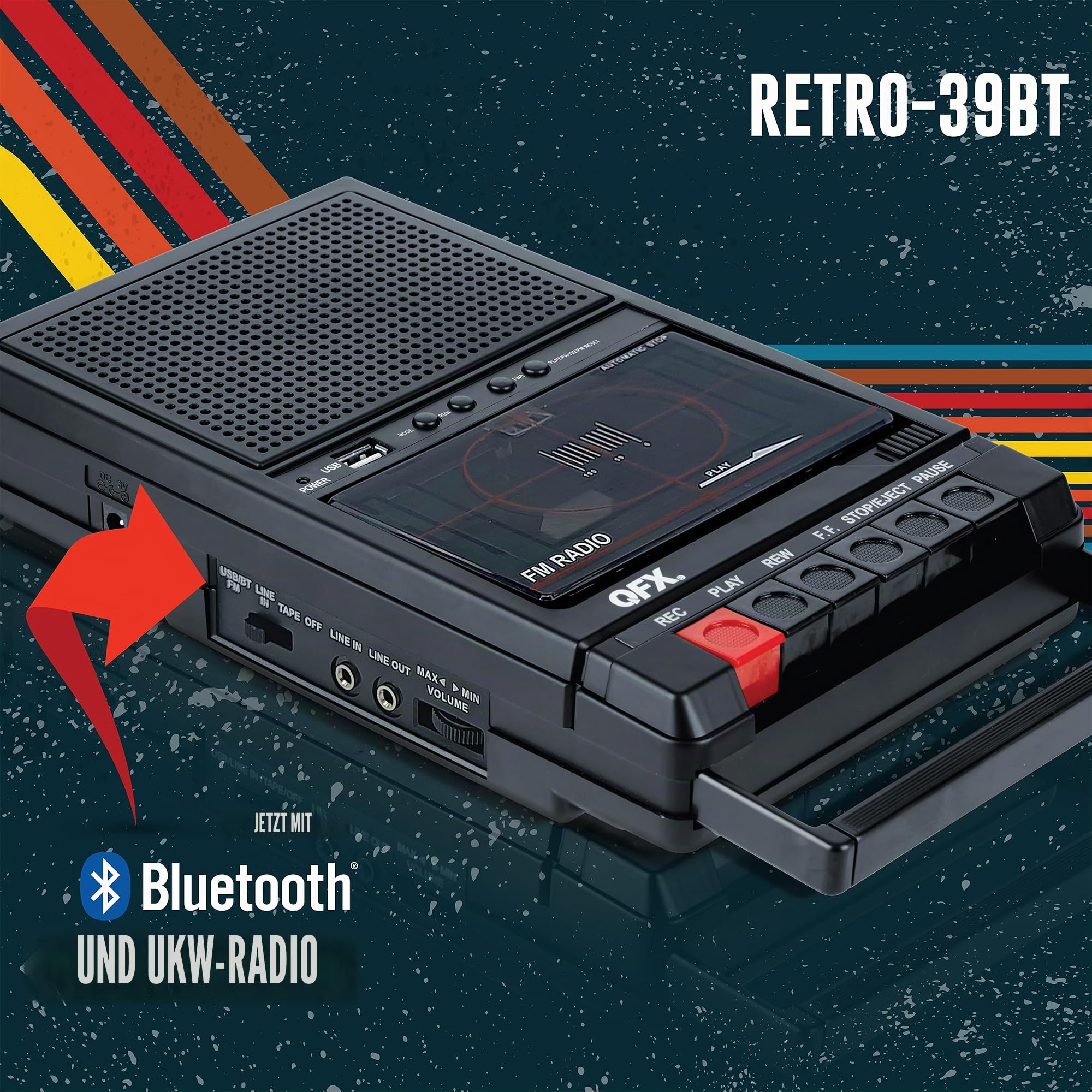 QFX RETRO-39 Tragbarer Schuhkarton, USB-auf-Kassettenrekorder, analoges Kassetten-Deck mit integriertem Mikrofon, 8,9 cm Bluetooth-Lautsprecher mit FM-Radio