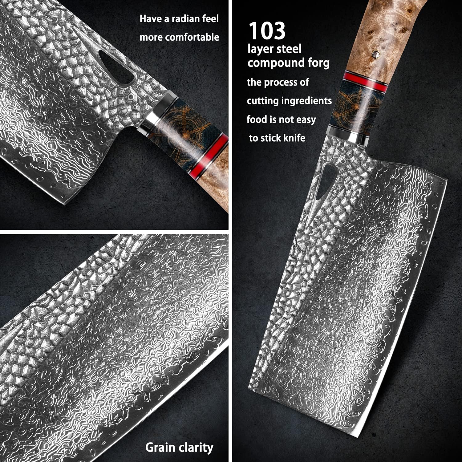 Damascus Kitchen Chinese Cleaver,7.5in Professional Handmade Chopping Chopper Knives with Burl Stabilized Wood Handle for Meat and Vegetable in Home&Restaurant