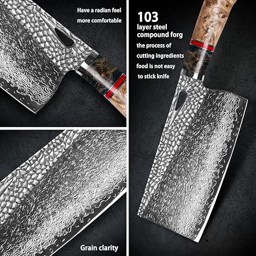 Miniatura 4 de Damascus Kitchen - Cuchillo chino de 7.5 pulgadas profesional hecho a mano con mango de madera estabilizado para carne y verduras en el hogar y