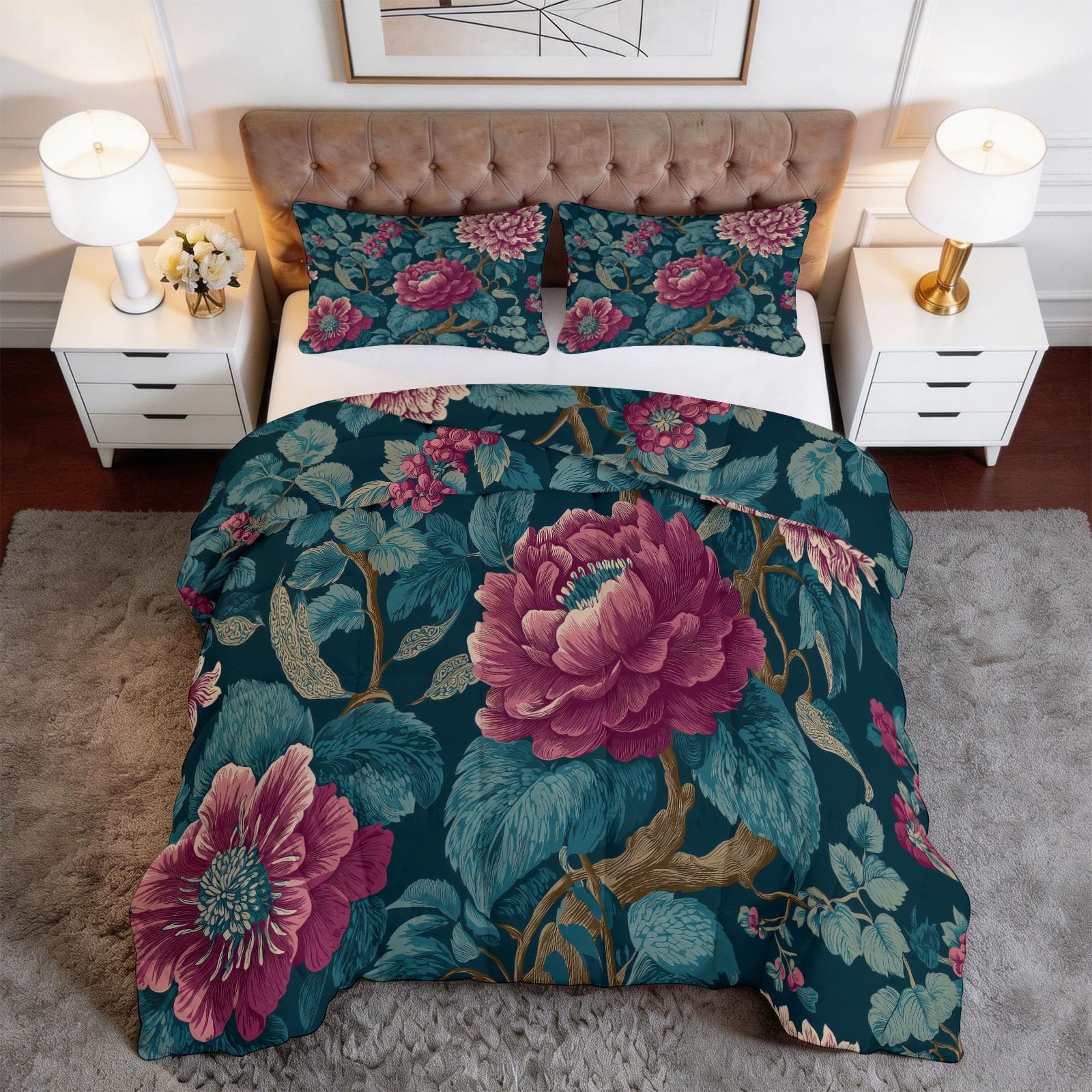 Generico Zimowa kołdra puchowa 140 x 200 cm wiejskie kwiaty winorośl kołdra z pianki 400 g/m², ciepła i elegancka, antyalergiczna i oddychająca pościel 3-częściowy zestaw, niebiesko-zielony