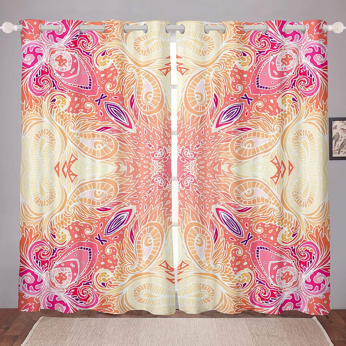 Loussiesd Boho Paisley Curtains for Bedroom for Kids Woman Adults Bohemia Exotic Style Curtain Panels Southwestern Blackout Curtains Vintage Floral Print Darkening Thermal Drapes,Room Decor W46*L54
