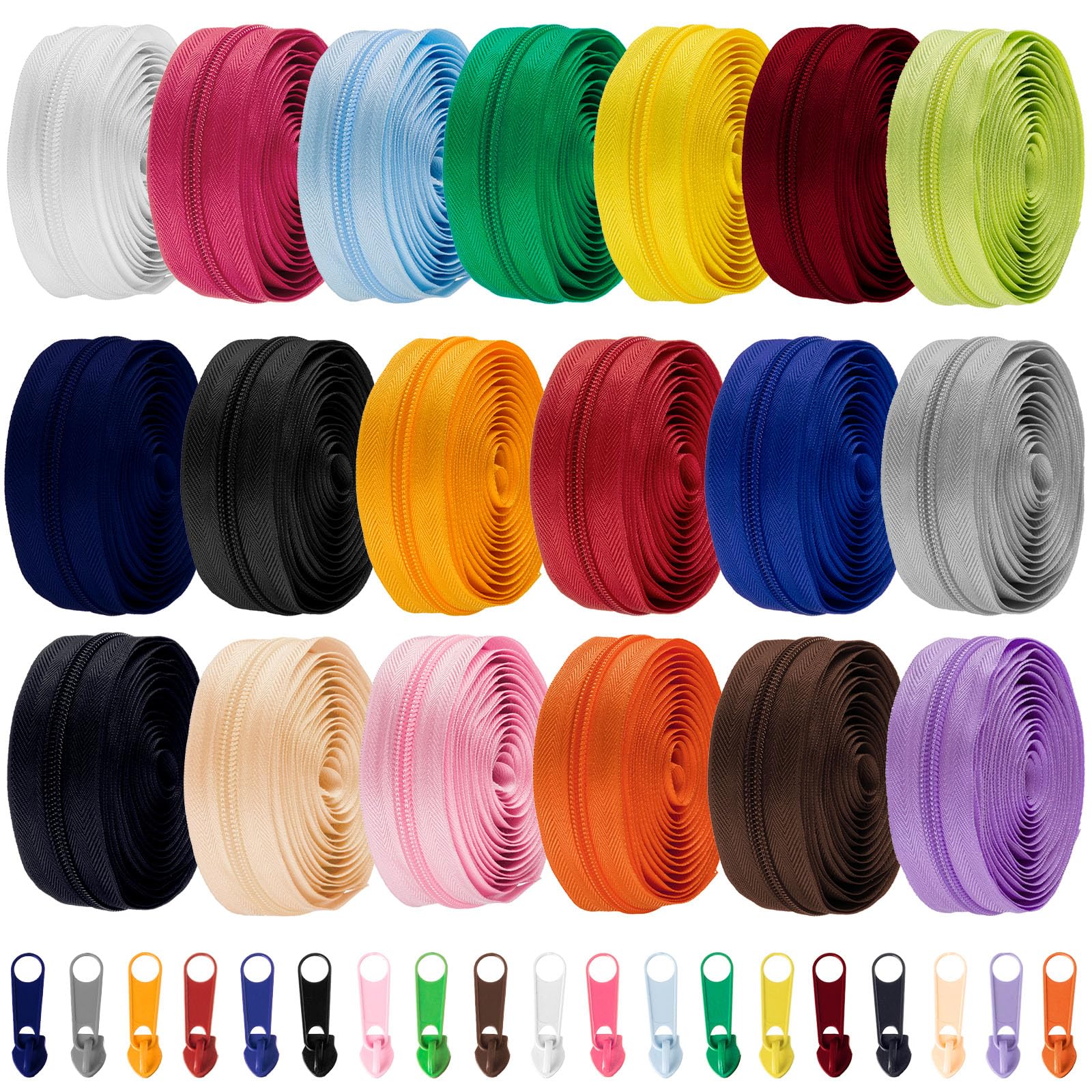 WILLBOND 120 Yards 20 Pcs Sewing Zippers Bulk #5 Nylon Coil Zippers 20 Color Assorted Zipper for Sewing with 200 Zipper Sliders for DIY Tailor Bags