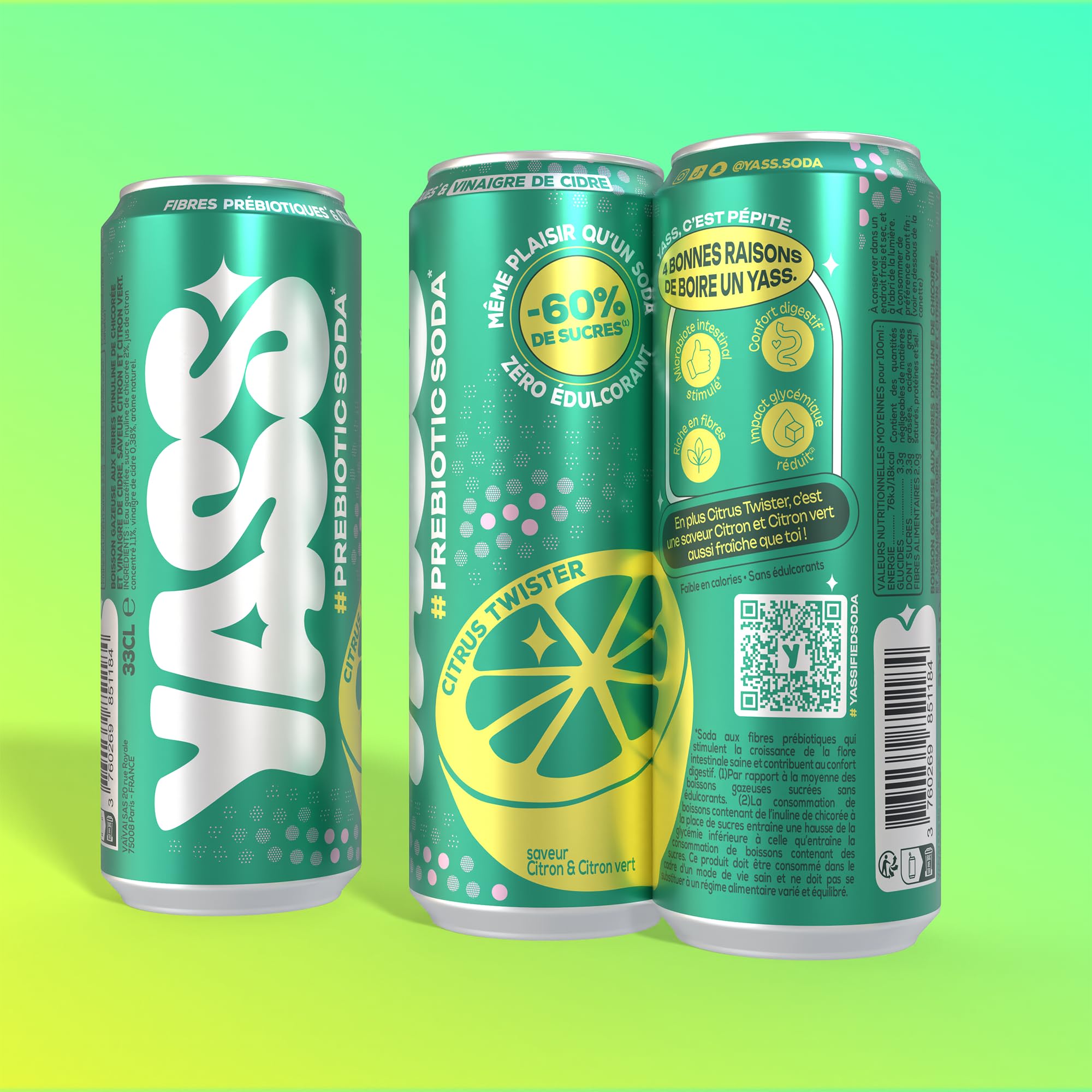 YASS Soda Prébiotique -Saveur CITRUS TWISTER - Le Soda Sain & Stylé qui Prend Soin de Ton Ventre 6.6g de Fibres et -60% de sucre-12 canettes de 33cl