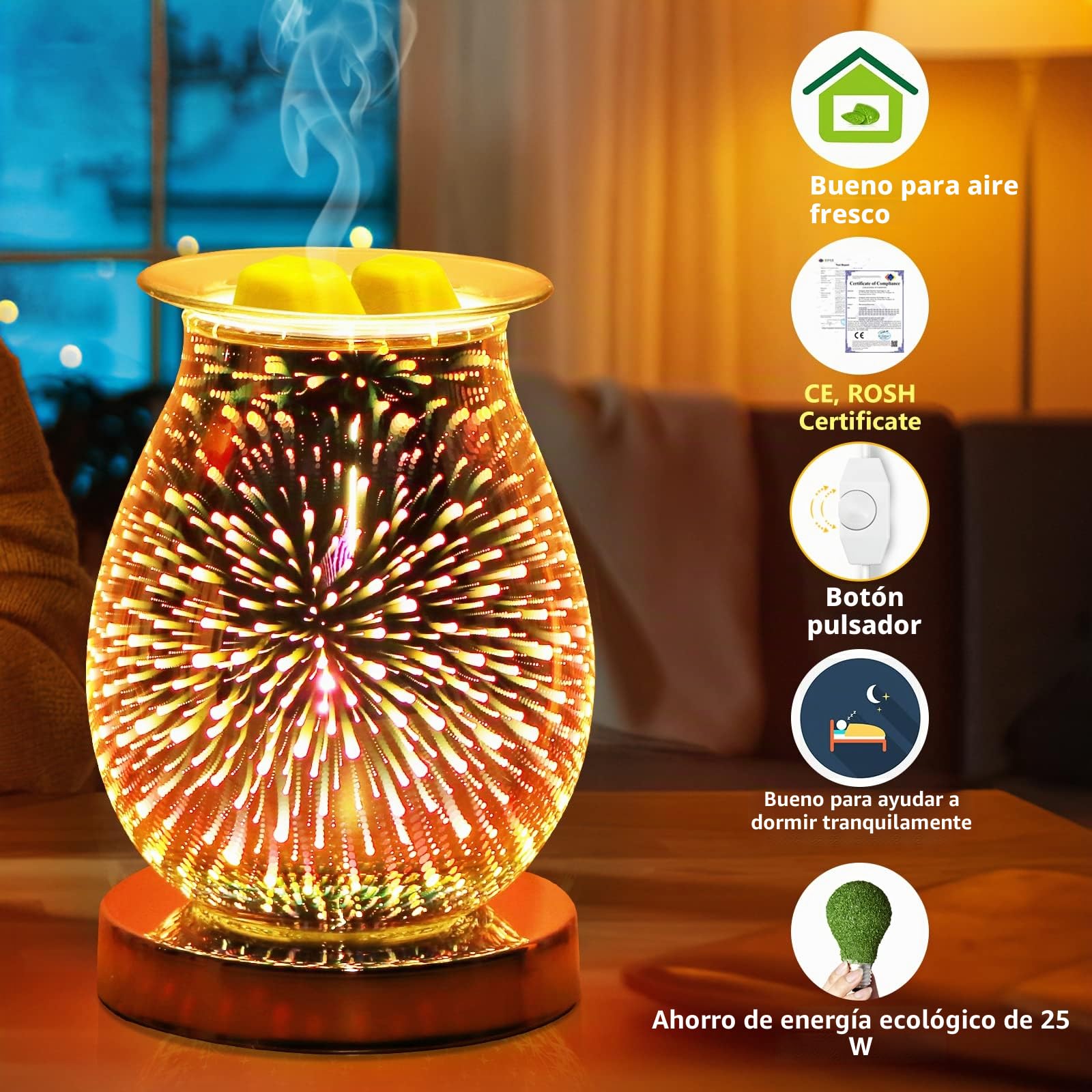 Quemador de Aceite eléctrico de Cristal, YUNYODA Quemador de Aceite de Cristal para Cera derretida, Fragancia Fuegos Artificiales 3D lámpara de Aroma luz de Noche para el hogar Dormitorio