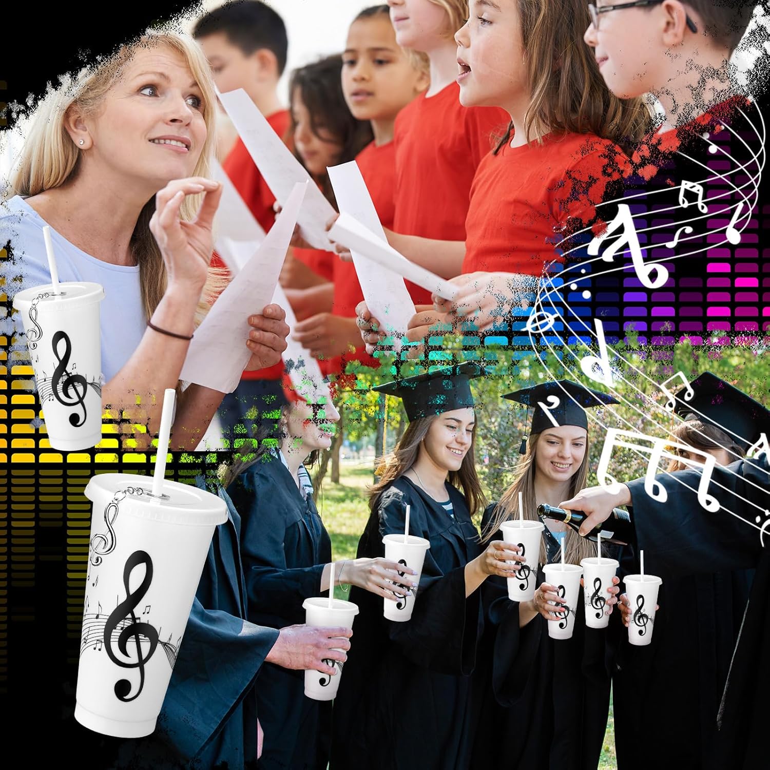 Skylety 24 Sets Music Themed Gifts Musical Tumbler Cups Bulk 24 oz Reusable Musical Note Plastic Tumbler with Straw and Lid Keychain Gifts for Music Lover Party Favor (White) - Image 5