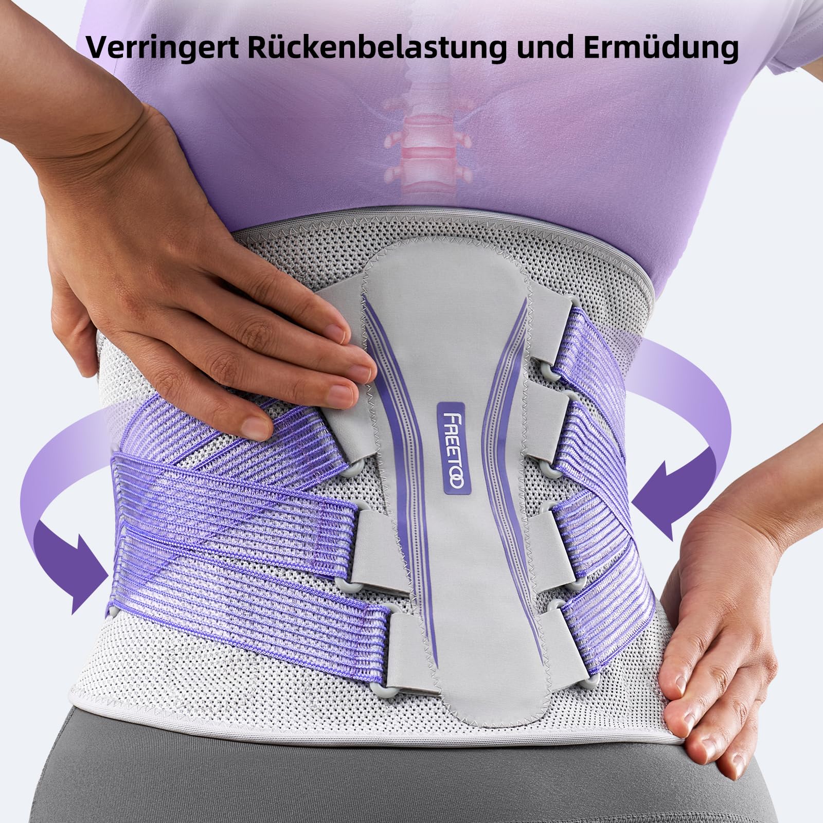 FREETOO Rückenstützgürtel 3D-Gestrick Ultra Atmungsaktiv Rückenbandage für Herren und Damen 5 Stützmodule zur Linderung von Rückenschmerzen Lila Stylischer Haltungskorrektor für urbane Schönheiten M