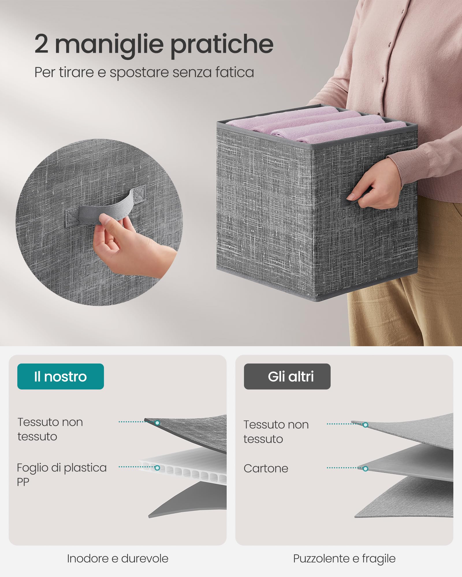 SONGMICS Scatole Portaoggetti, Set di 8 Contenitori da 28 cm in Tessuto Non Tessuto, con Doppie Maniglie, Organizzatori a Cubo, per Scaffale, Pieghevoli, per Abiti, Grigio Giunco ROB826G01