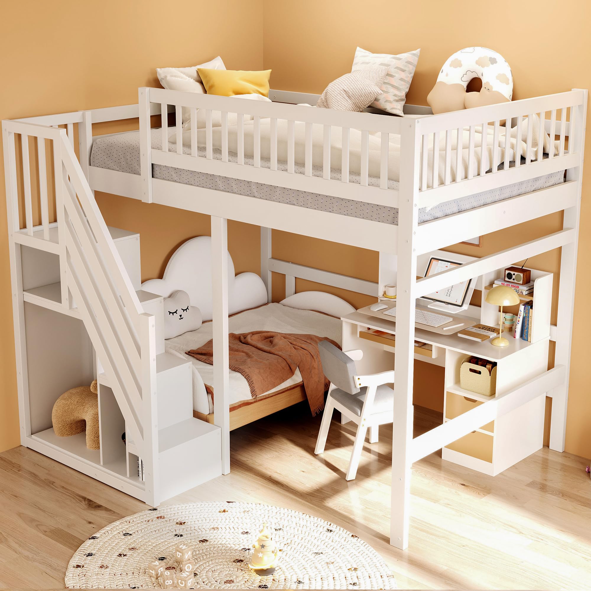 Etagenbett 140x200, Kinderbett Hochbett mit Treppe und Aufbewahrungsschrank, Funktionsbett Doppelbett Stockbett Spielbett Kinderhochbett Jugendhochbett mit Lattenrost, Massivholz, Ohne Matratze, Weiß