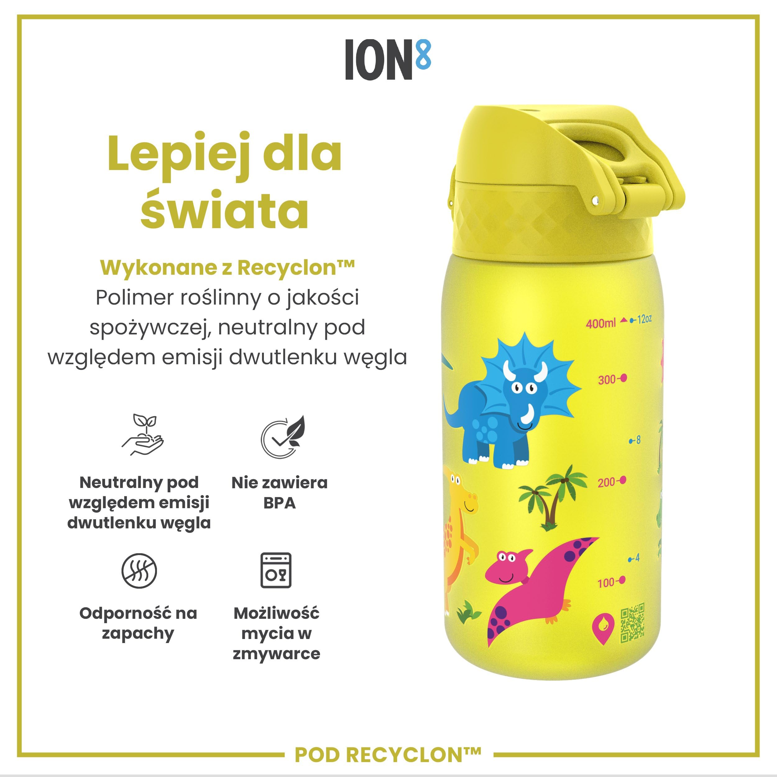 ION8 Butelka dla Dzieci, 350 ml/12 oz, Szczelna, Łatwa do Otwarcia, Bezpieczny Zamek, Można Myć w Zmywarce, Bez BPA, Uchwyt do Przenoszenia, Łatwa do Czyszczenia, Bezwonny, Dinozaury