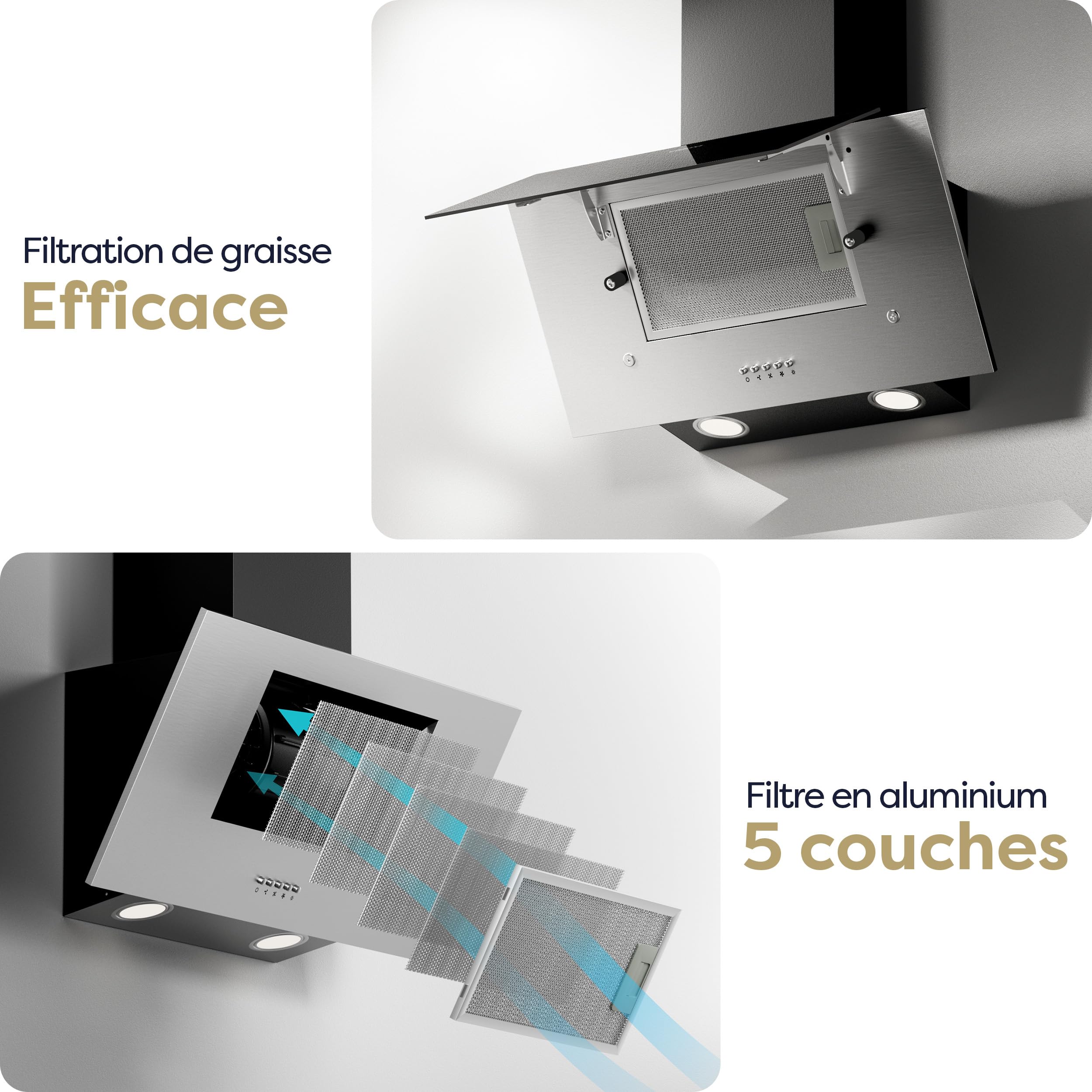Ciarra Hotte Aspirante Inclinée 60cm 350m³/h Classe A++ Hotte de Cuisine Murale Noire