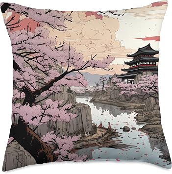 Comic Box Sakura Enchanted Arboretum an Illustrated Cherry Blossom Odyssey Throw Pillow, 18x18, Multicolor