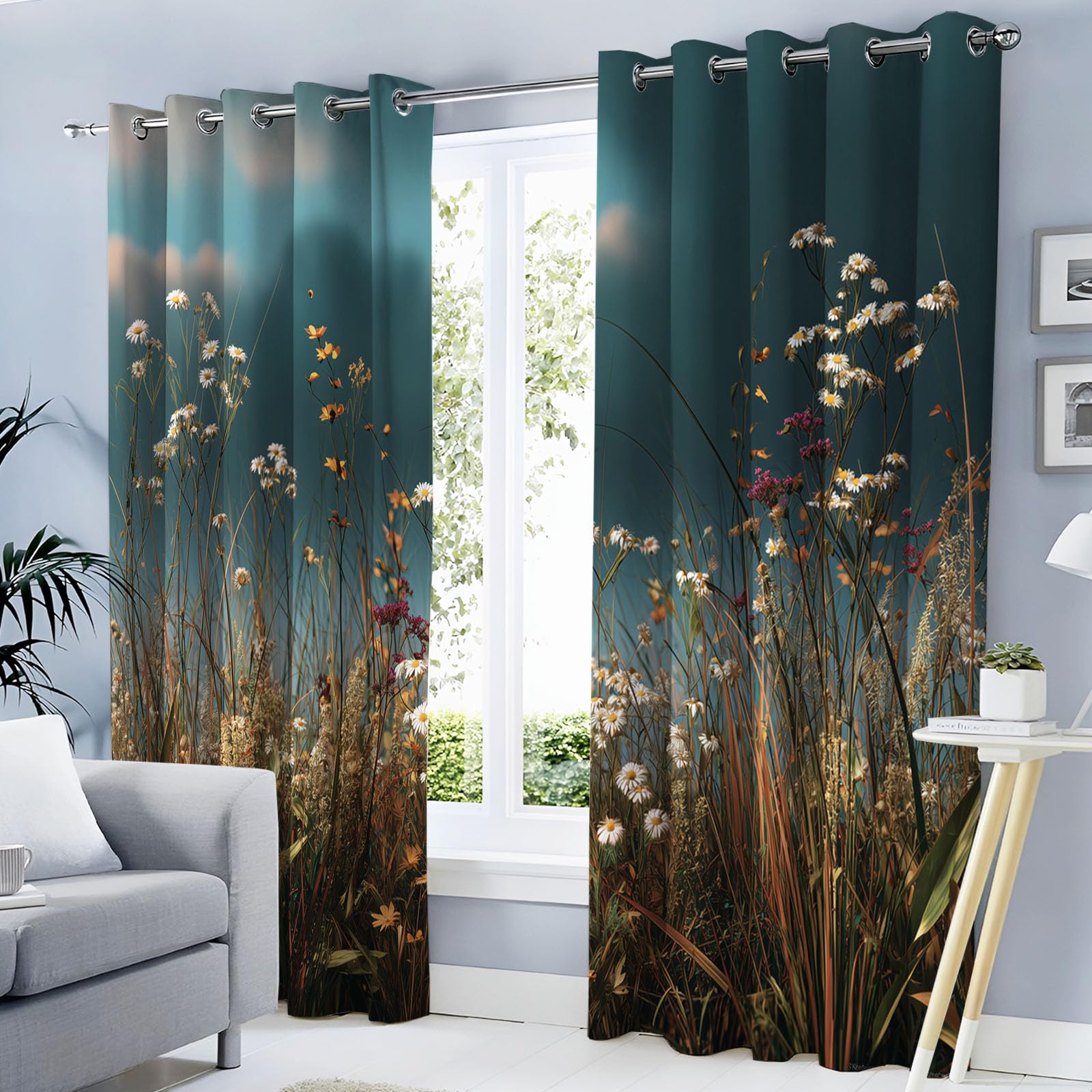 Rideau oeillets isolant thermique bloquant le froid et la lumière, décor fleurs des champs